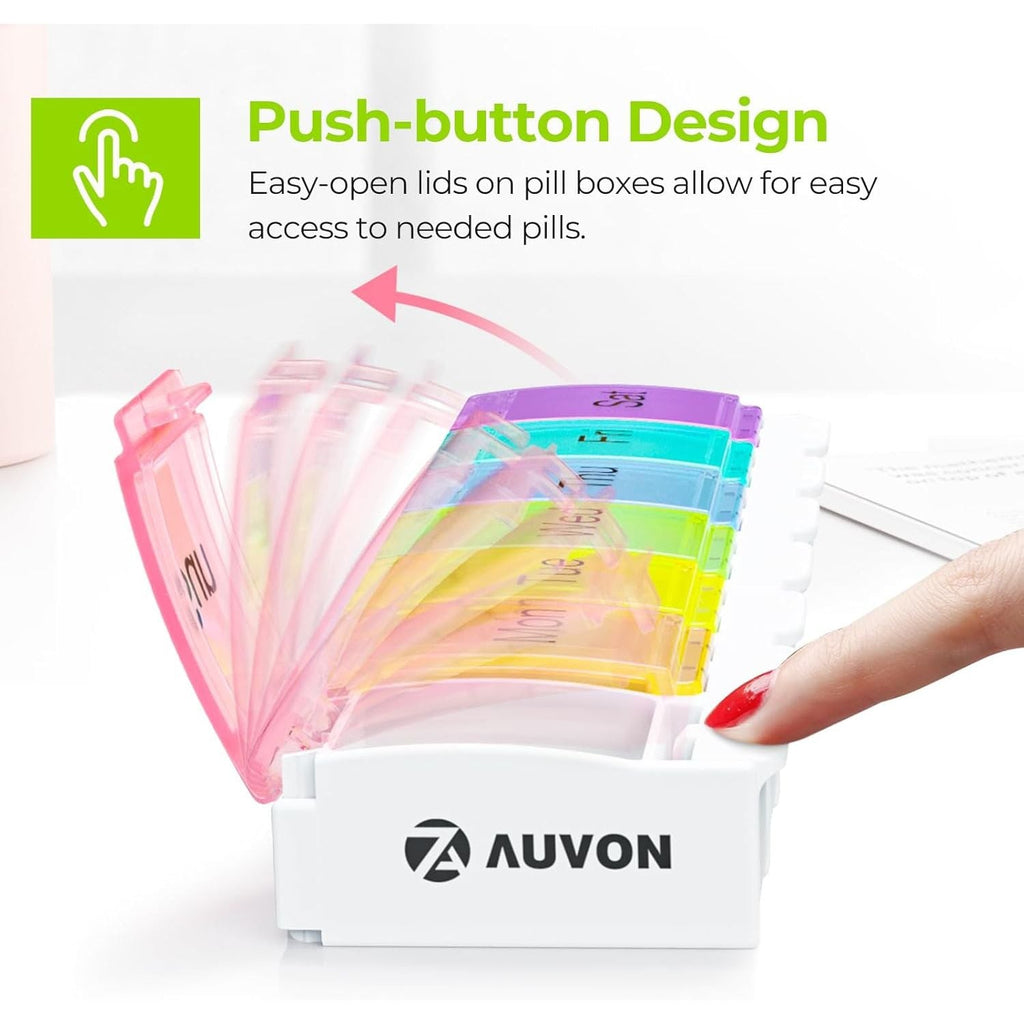 Buy now AUVON Weekly Pill Organizer Arthritis Friendly, BPA Free Travel 7 Day Pill Box Case with Spring Open Design and Large Compartment to Hold Vitamins, Cod Liver Oil, Supplements and Medication at indiglob india