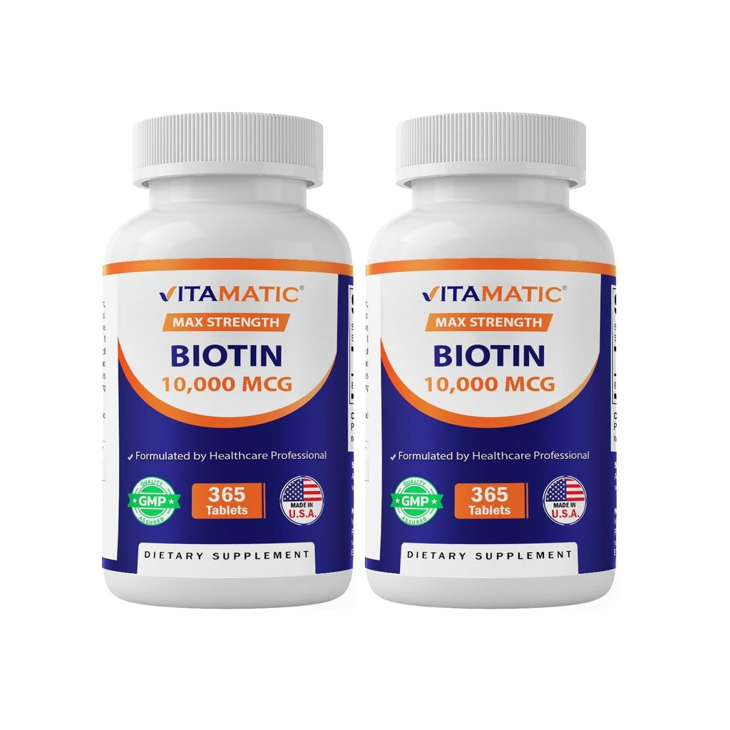 Vitamatic Biotin 10,000 mcg (10 mg) for Stronger Hair, Skin & Nails - 365 Vegan Tablets- Also Called Vitamin B7