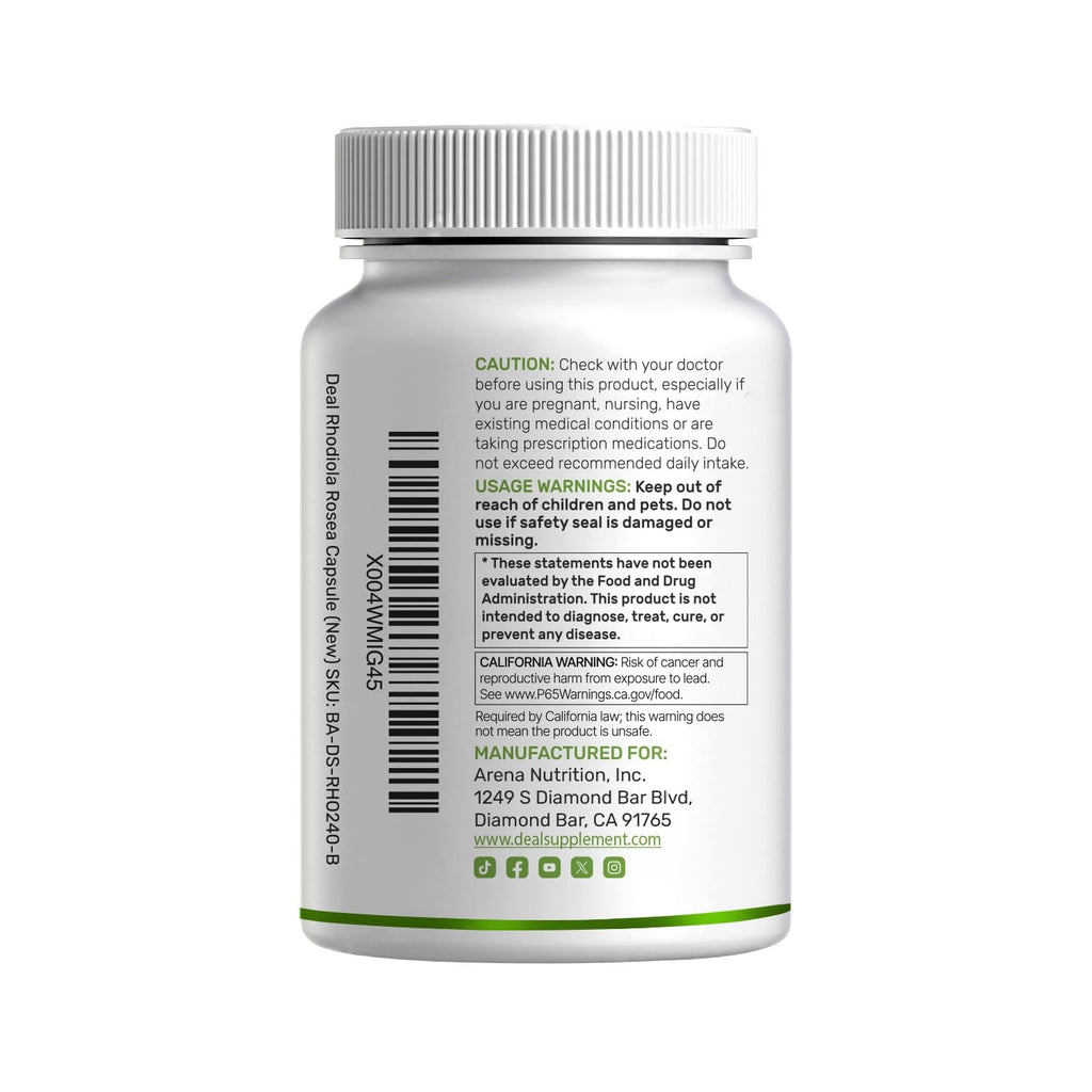 DEAL SUPPLEMENT Rhodiola Rosea & Ashwagandha, 240 Veggie Capsules