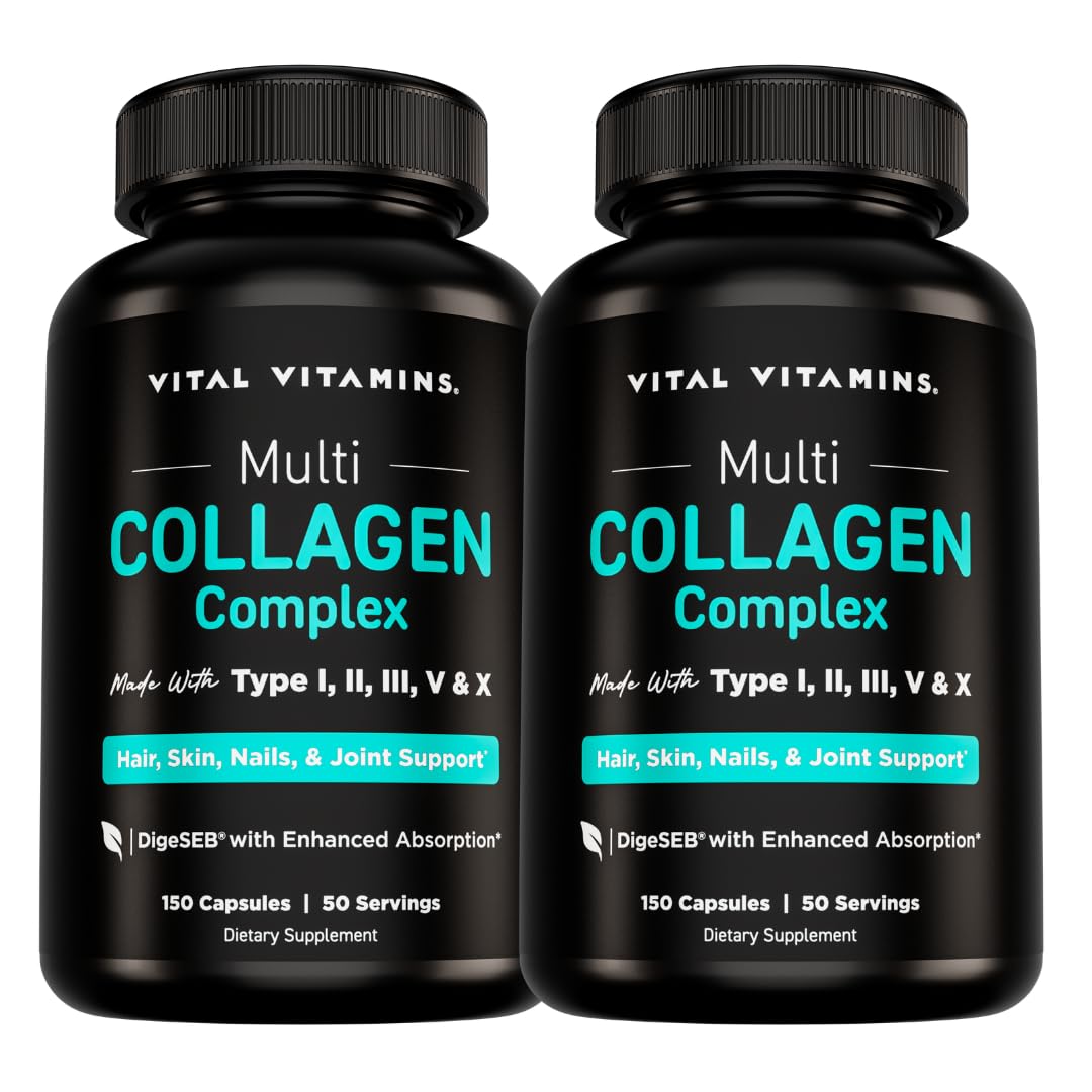 Vital Vitamins Multi Collagen Peptides Complex for Women & Men, 150 Pills | Supports Skin, Hair & Nails, 5 Collagen Types I II III V & X, Grass-Fed Non-GMO Collagen Supplements