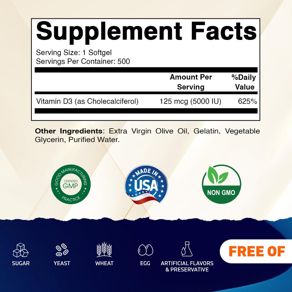 Vitamatic Vitamin D3 5000 IU (125 mcg), 500 Softgels, Made in USA | Olive Oil-Based Formula, Cold Pressed, 500 Day Supply, Support Immune Health*, Non GMO, Gluten Free