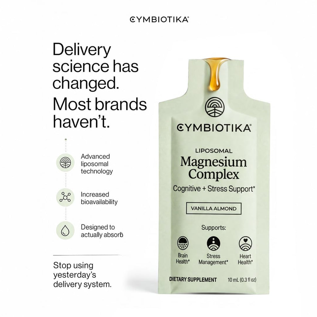CYMBIOTIKA Liposomal Magnesium Complex for Sleep, Calm, Relax & Recovery | 3 forms: taurate, bisglycinate & glycerophosphate. Highly absorbable, stomach-friendly. Vanilla Almond, 28 pouches. Vegan.