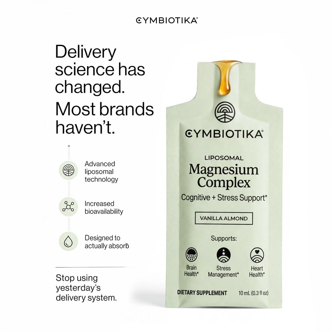 CYMBIOTIKA Liposomal Magnesium Complex for Sleep, Calm, Relax & Recovery | 3 forms: taurate, bisglycinate & glycerophosphate. Highly absorbable, stomach-friendly. Vanilla Almond, 28 pouches. Vegan.