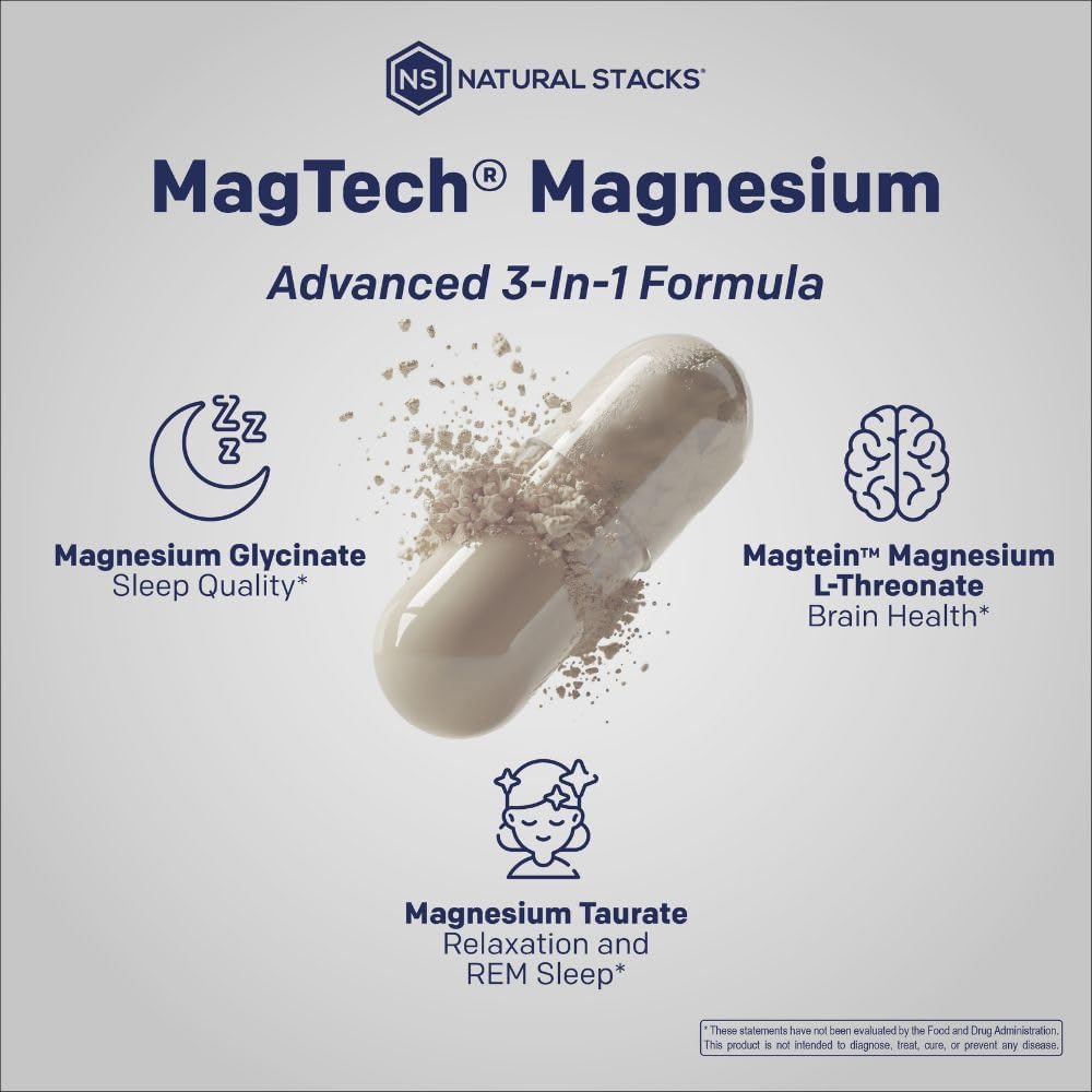 MagTech Magnesium Complex Glycinate, L-Threonate and Taurate, 90 Capsules | Advanced 3 in 1 200mg Chelated Triple Blend w/ Magtein - Supports Relaxation & Brain Health for Women & Men - Natural Stacks