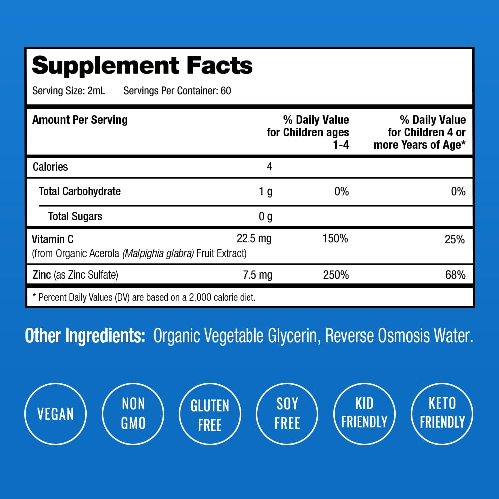 NutraChamps Organic Liquid Zinc Drops for Kids, Ionic Zinc Drops Enhanced with Vitamin C for Children, Sugar-Free 4 oz, Vegan & Non-GMO, Unflavored, 60 Servings, 2 Month Supply
