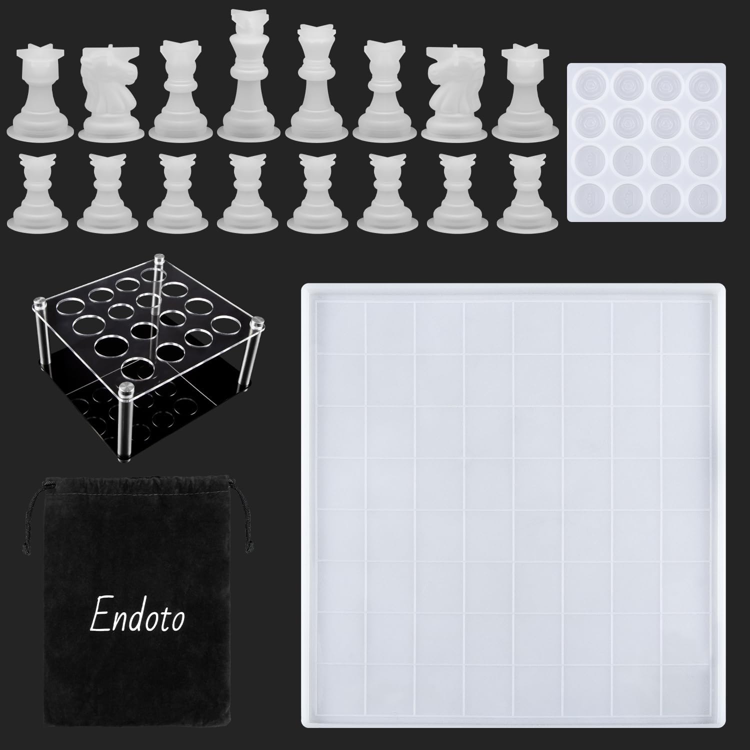 Buy now Endoto Chess Set with Checkers Board Silicone Resin Mold, 16 Pieces Full Size 3D Chess Crystal Epoxy Casting Molds for DIY Art Crafts Making, Family Party Board Games and Home Decoration 16pcs Chess Mold Set + 1Holder at indiglob india