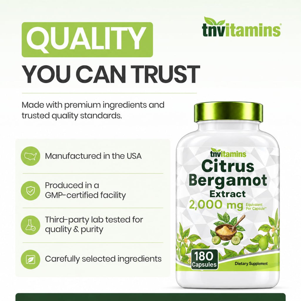 tnvitamins Citrus Bergamot 2000mg - 180 Capsules | Ultra Potent Citrus Bergamot Supplement 2000 mg Per 1 Capsule Serving | 6 Month Supply! | Non-GMO | Made in The USA!