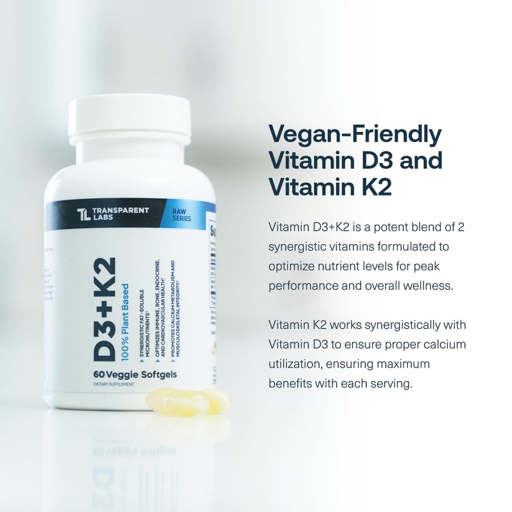 Transparent Labs Vitamin D3 K2 - Vitamin D & K2 Vitamin Supplement for Men & Women, Vegan-Friendly D3K2 5000 IU Supplements to Support Bone, Immune, and Overall Health - K2 D3 60 Capsules