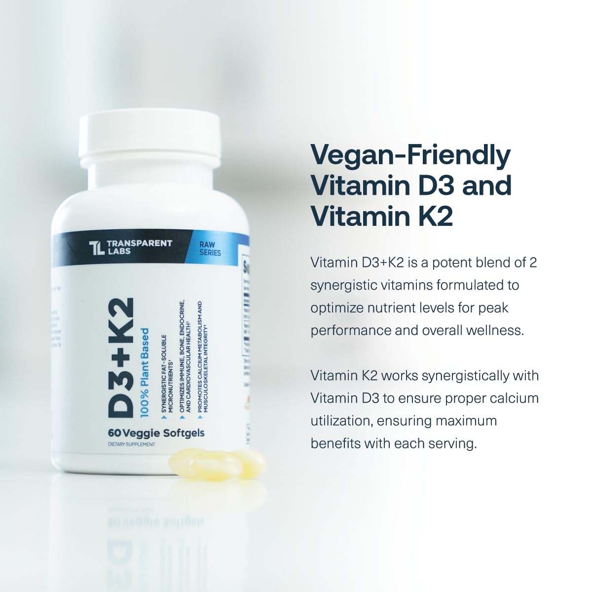 Transparent Labs Vitamin D3 K2 - Vitamin D & K2 Vitamin Supplement for Men & Women, Vegan-Friendly D3K2 5000 IU Supplements to Support Bone, Immune, and Overall Health - K2 D3 60 Capsules