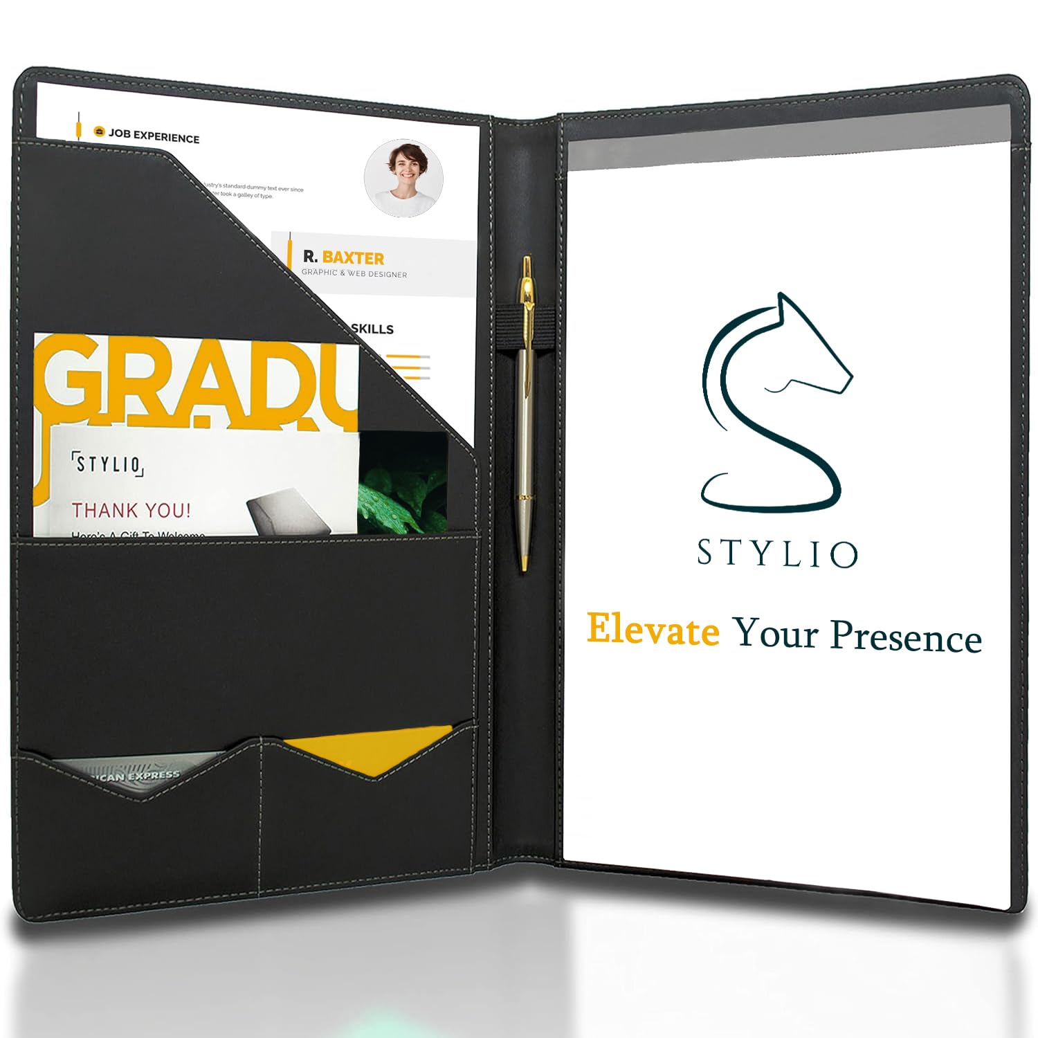 Buy now STYLIO Padfolio Portfolio Organizer Binder | Interview Resume Folder, Legal Document, Business Card Holder |w/Letter-Sized Notepad | Handsome Piano Noir Faux Leather Folio Matte Finish, Accent Stitch Padfolio (12.5" x 9.6" x 0.9") Black at indiglob india