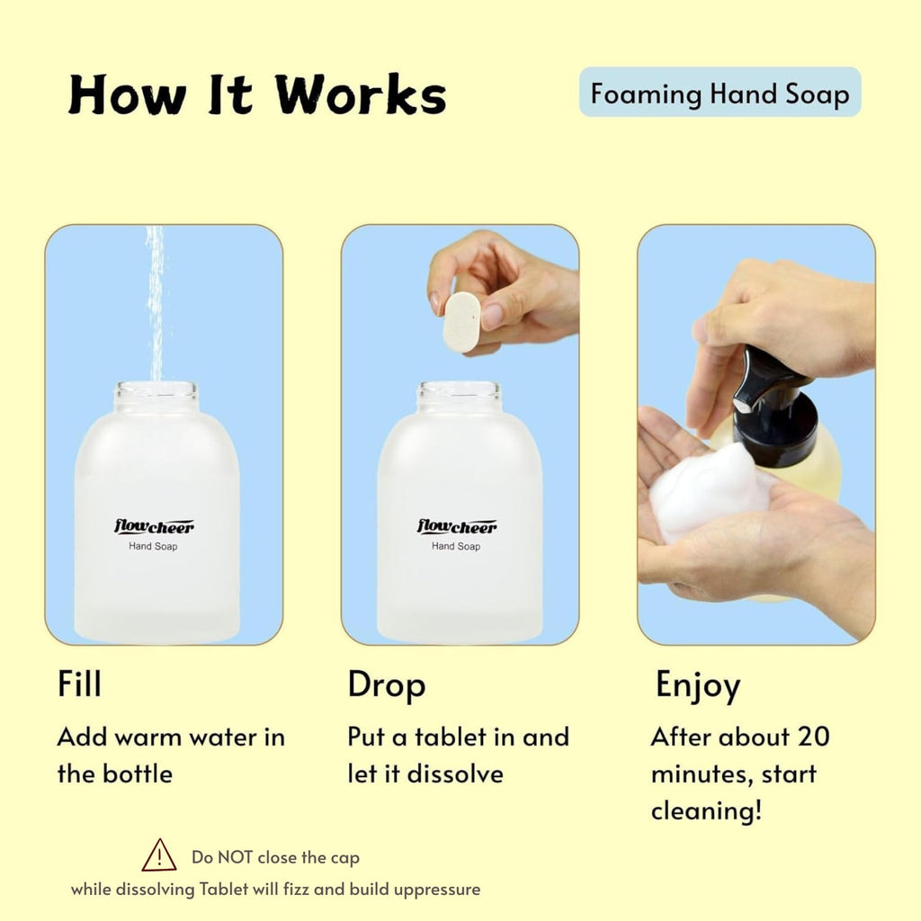 Step-by-step guide for Flowcheer foaming hand soap refill. Premium imported product, easy to use and eco-friendly.