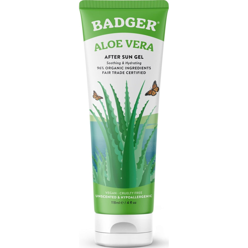 Badger Organic Aloe Vera Gel for Face & Body, 96% Pure Unscented Organic Aloe Gel for Cooling, Soothing, Non-Sticky Sunburn Relief, Vegan, Fair Trade & Hypoallergenic, 4 fl oz, 2-Pack