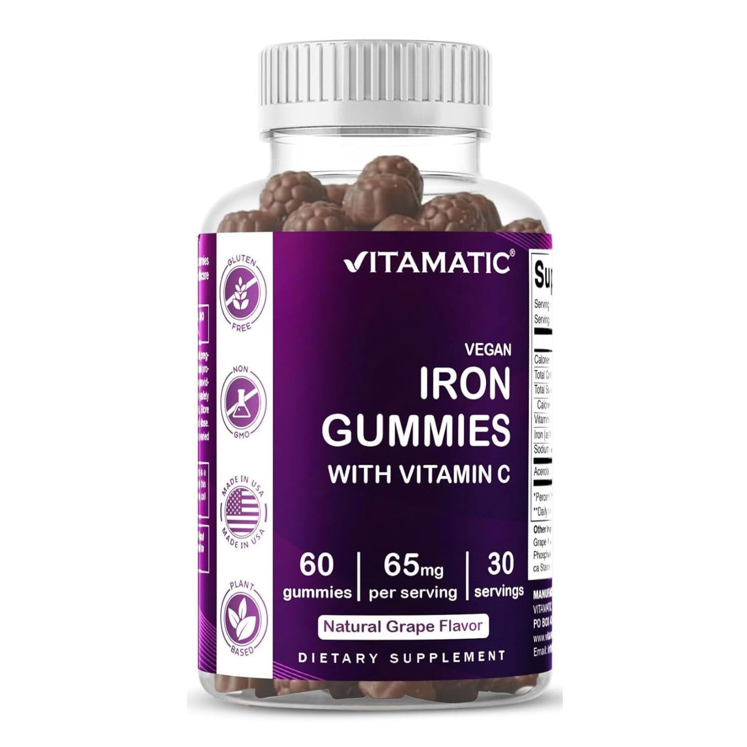 Vitamatic Iron 65 mg with Vitamin C - 60 Vegan Gummies - 3 Pack | 65 mg Iron Per Serving, Natural Grape Flavor, Plant Based, Gluten Free, Non-GMO, Made in USA
