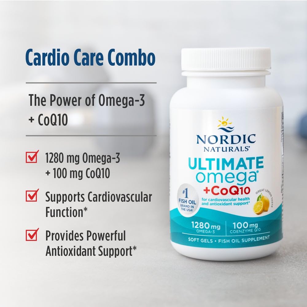 Nordic Naturals Ultimate Omega + CoQ10, Lemon - 90 Soft Gels - 1280 mg Omega-3 + 100 mg CoQ10 - Heart Health, Cellular Energy, Antioxidant Support - Non-GMO - 45 Servings