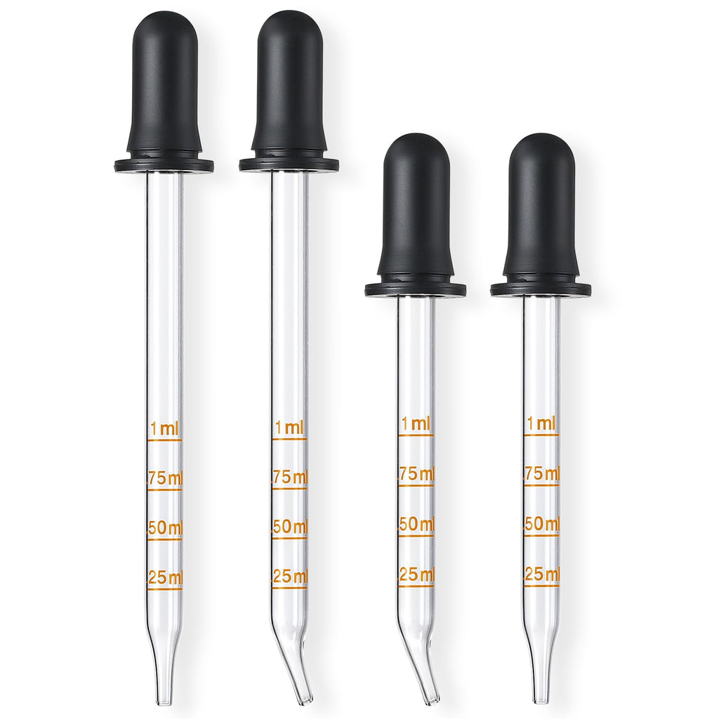 4 Pack, 1 mL Glass Eye Dropper with Measurement - Long & Short, Bent & Straight Tip Calibrated Glass Medicine Droppers, Accurate Dose Pipette Dropper for Essential Oils, Feeding, Ear, Lab, Health Care
