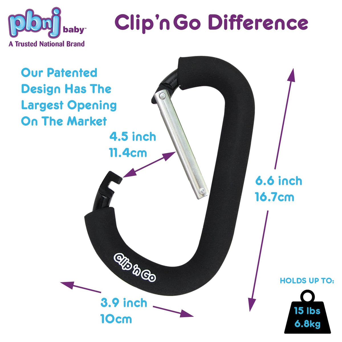 PBnJ Baby Stroller Hooks, Large Carabiner Clip, Diaper Bag Purse, 2 Pack