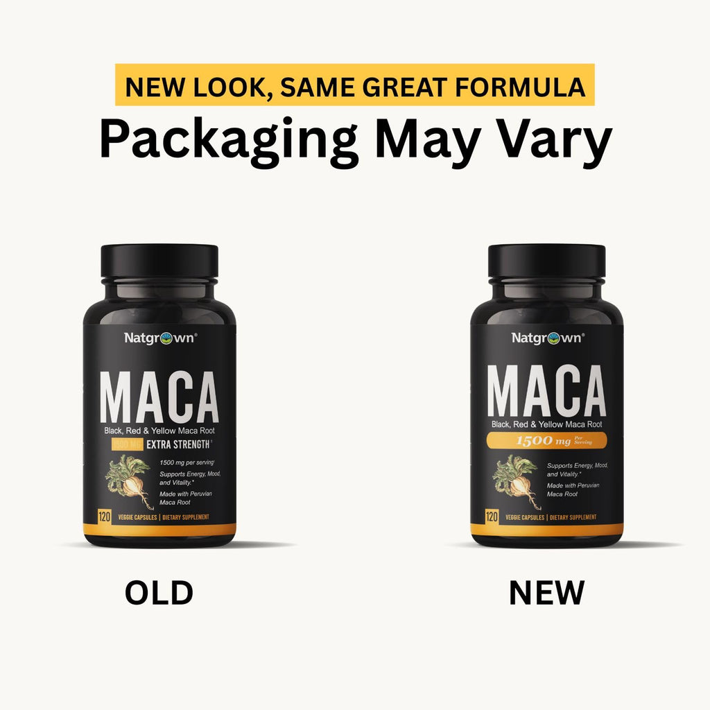 Natgrown Organic Maca Root Powder Capsules - Black, Red & Yellow - 120 ct | 1500 mg per Serving, Gelatinized Peruvian Maca Supplement for Men & Women - Non-GMO, Gluten-Free, Vegan
