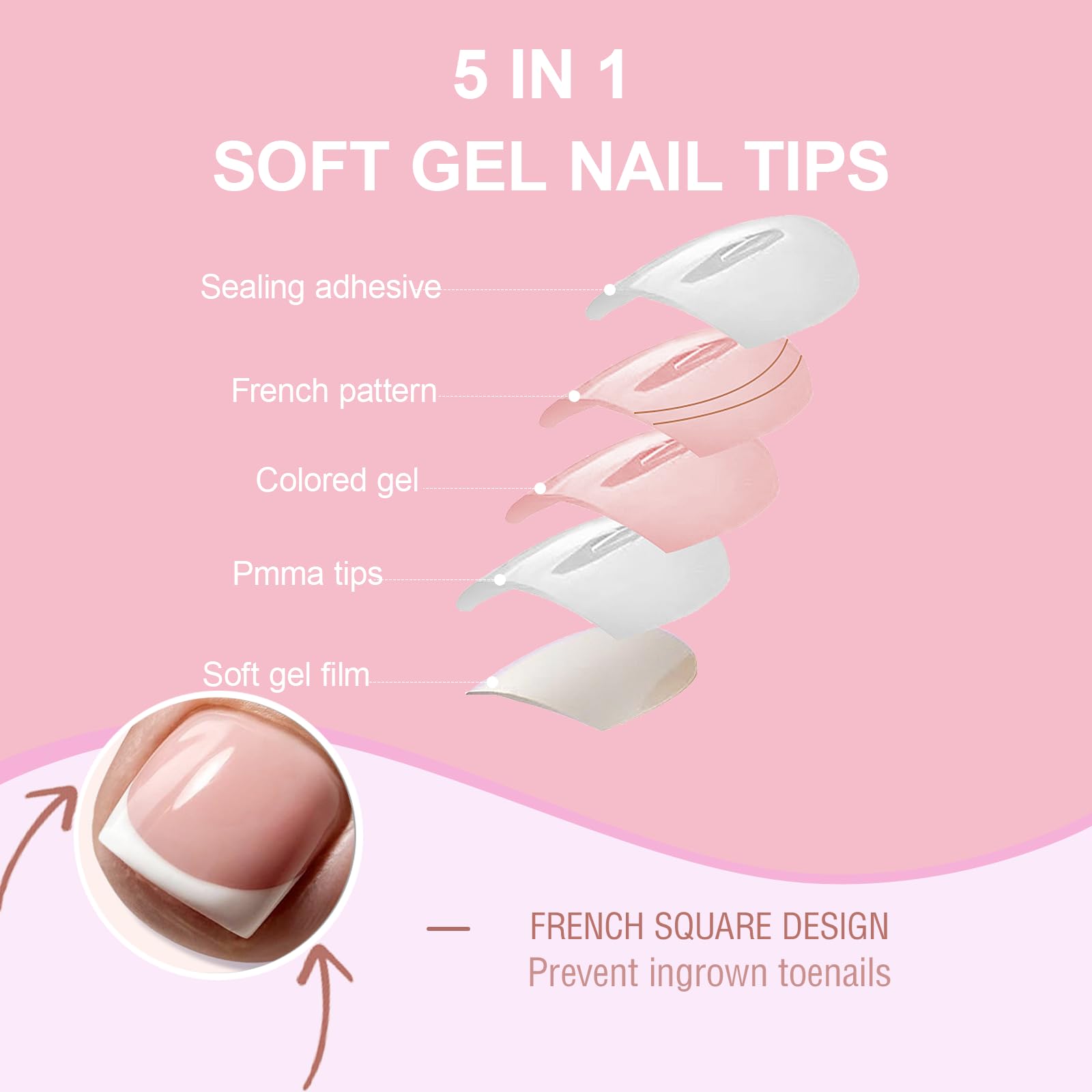 Toe Nail Press Ons, French Square Toe Tips, Press On Nails for Women | 150pcs Pre-Designed Soft Gel Thick False Toenail Extension, Berry Pink Full Cover Acrylic for DIY 15 Sizes