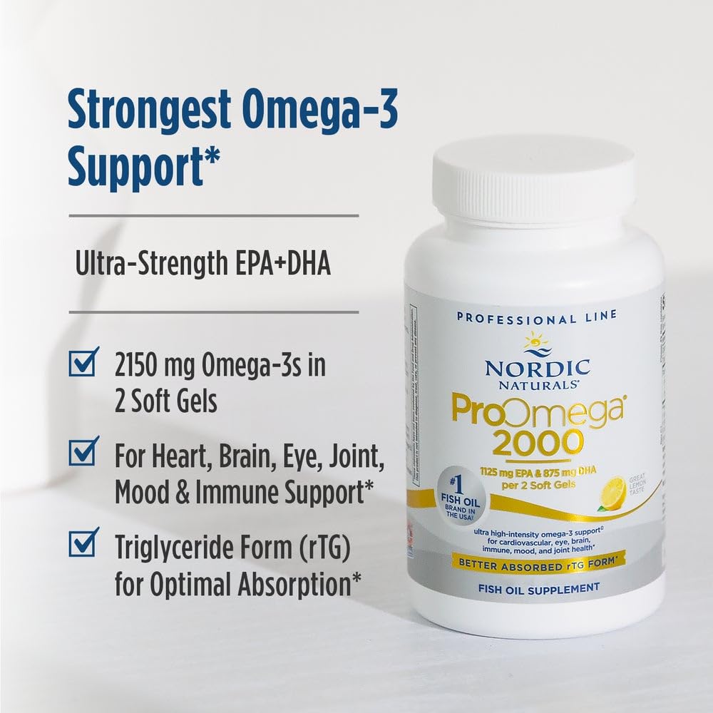 Nordic Naturals ProOmega-3, 2150 mg, EPA & DHA Fish Oil, Lemon - 120 Count | Ultra high-potency EPA & DHA fish oil supports brain, heart, eye & immune health. 2150 mg omega-3. Non-GMO. 60 servings