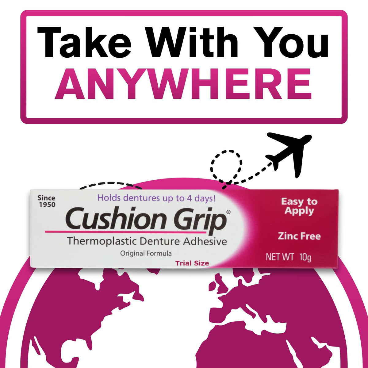 Cushion Grip Thermoplastic Denture Adhesive, 0.35 oz Travel Size (Pack of 2) – Refits and Tightens Loose Dentures for Up to 4 Days | Glue-Free, Zinc-Free, Waterproof, Acts Like a Soft Denture Reliner