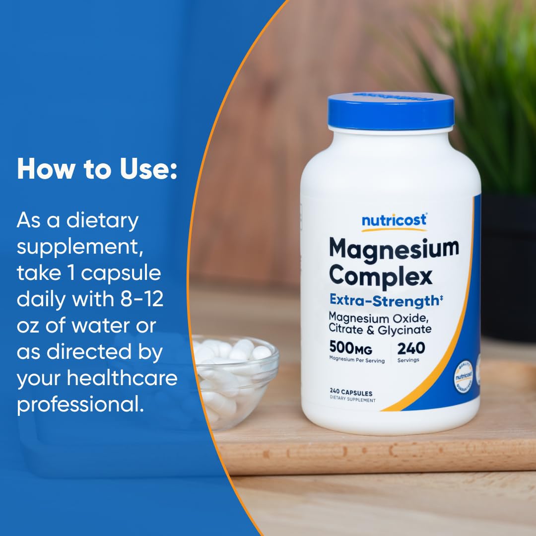 Nutricost Magnesium Complex Extra Strength 500mg, 240 Capsules, Gluten Free | Magnesium Oxide, Citrate, and Glycinate, GMO-Free