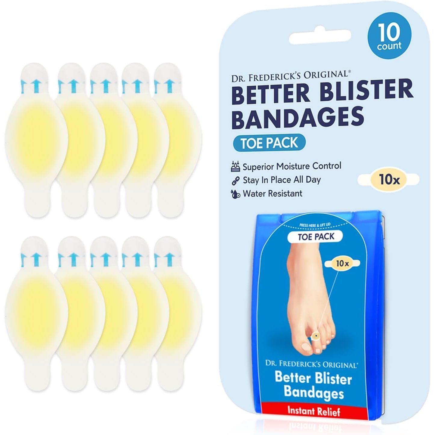 Buy now Dr. Frederick's Original Better Blister Bandages - 12ct - Water Resistant - 40% More Cushioning - Hydrocolloid Bandages for Foot, Toe, & Heel - Blister Pads for Prevention & Recovery - Variety Pack Toe Pack - 10 count at indiglob india