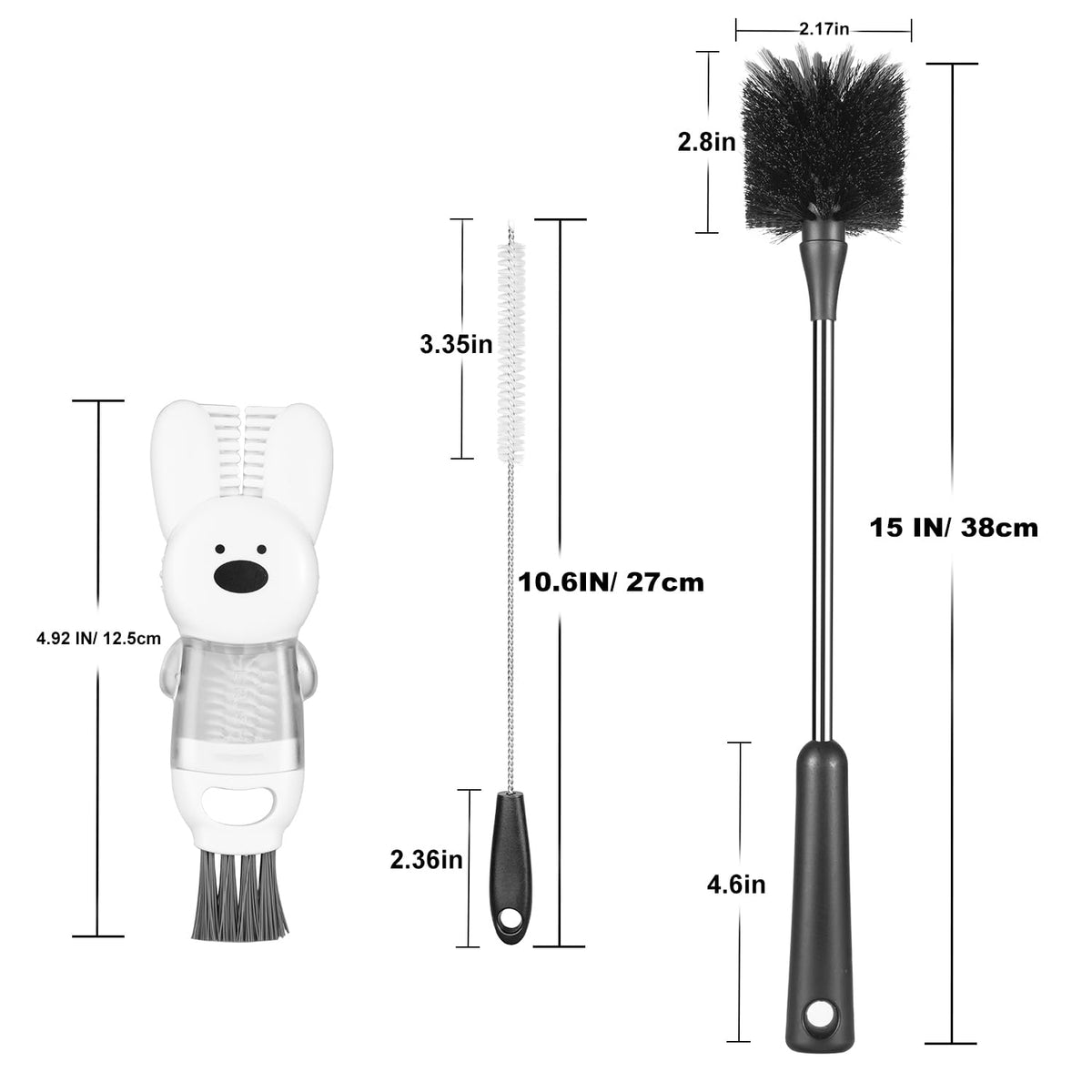 [3 Pack] Bottle Brushes, Stainless Steel Long Handle Water Bottle Scrub Cleaning Brush Set Including Straw & Lid Cleaner for Baby Bottles, Sports Cups, Coffee Mugs, Tumblers