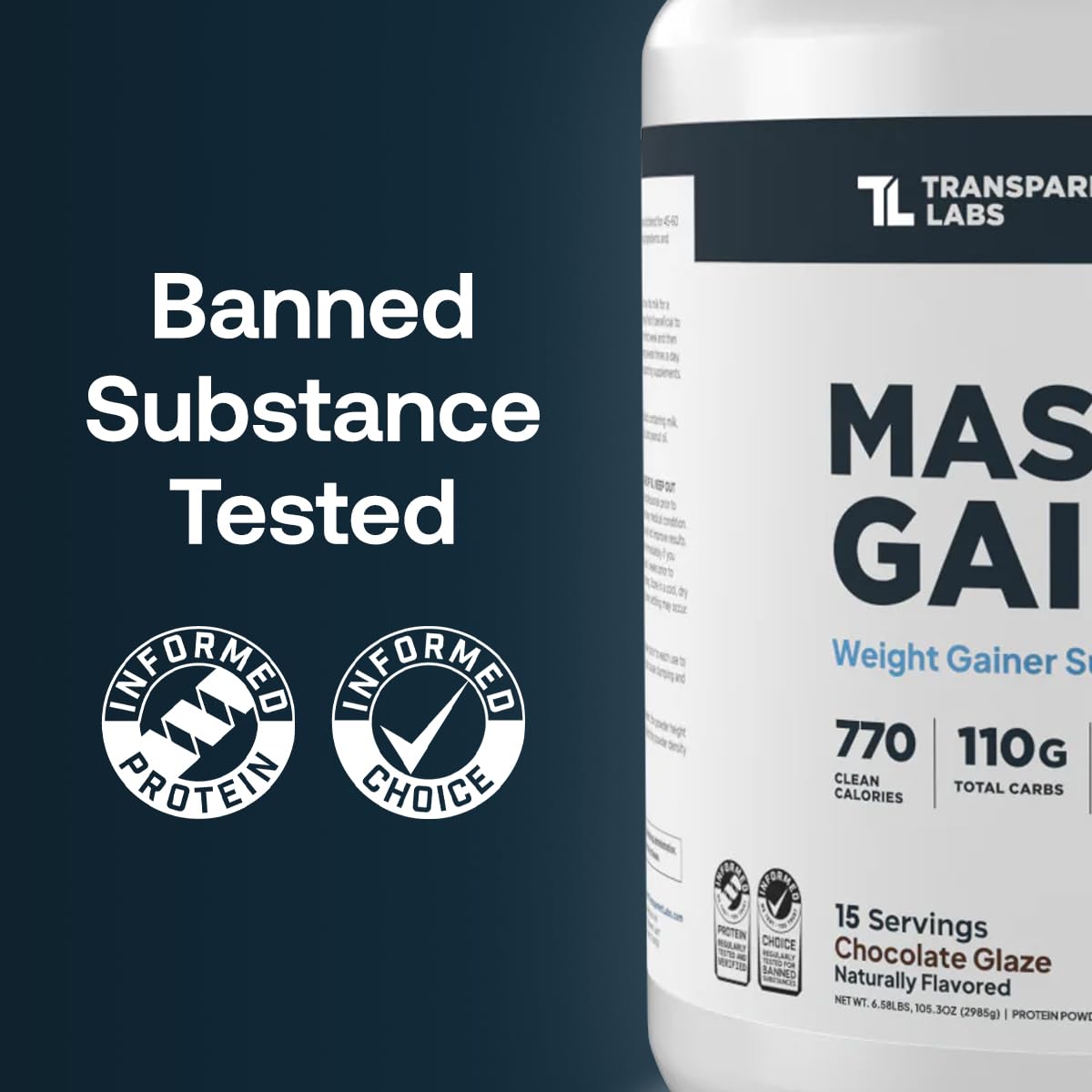 Transparent Labs Mass Gainer Protein Powder - Naturally Flavored Grass-Fed Whey w/ 53g Protein, 110g Carbs, High-Calorie Powder for Muscle Gain & Recovery, 3g Creatine - 15 Servings, Chocolate Glaze
