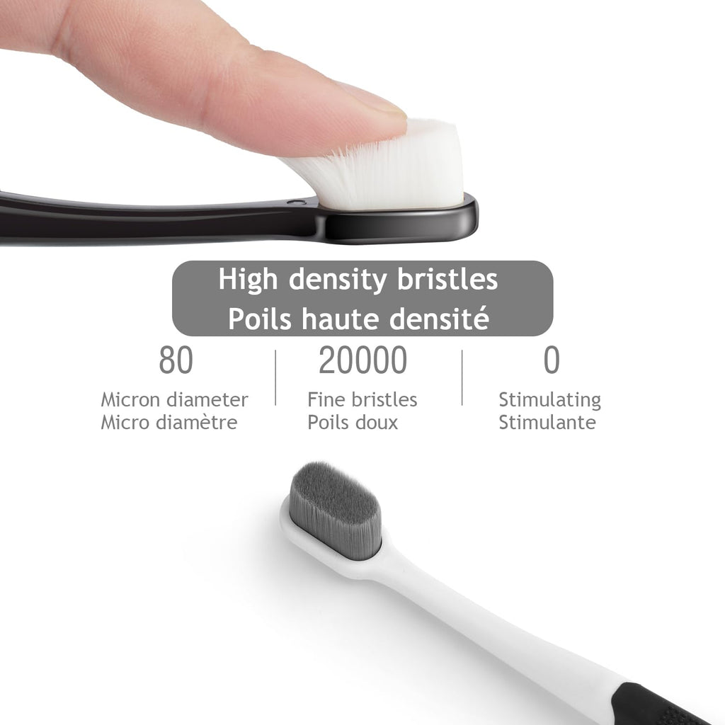 Ultra Extra Soft Toothbrush for Sensitive Gums, New Japanese 20,000 Micro Fine Nano Bristles Brush for Adults, Pregnant and Elderly, Portable Case for Travel, Black and White Color Pack of 2