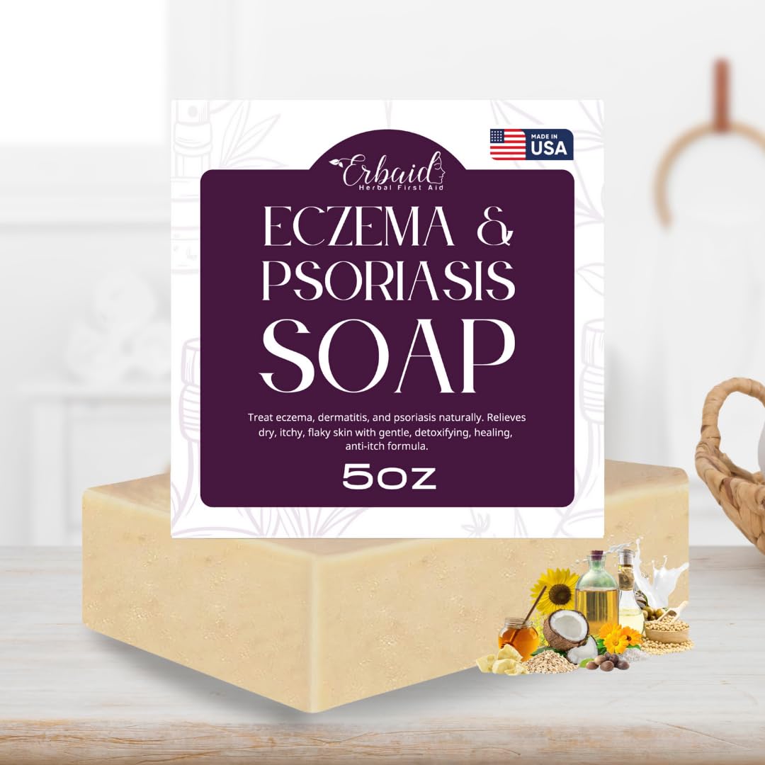 Eczema Soap Bar for Face and Body – All Natural Dermatitis, Psoriasis Treatment for Dry Itchy Sensitive Skin Relief – Gentle Detoxifying, Healing, Anti-Itch, Oatmeal Goat Milk Wash for Kids, & Adults