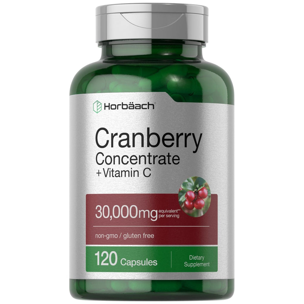 Horbäach Cranberry Concentrate Extract Pills + Vitamin C | 120 Capsules | Supplement for Women and Men | Triple Strength Ultimate Potency Formula | Non-GMO and Gluten Free