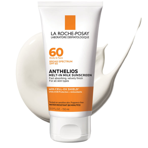 La Roche-Posay Anthelios Melt-In Milk Sunscreen SPF 60, Sunscreen For Body & Face, Broad Spectrum SPF + Antioxidants, Oil Free, Lightweight & Fast Absorbing, Oxybenzone Free