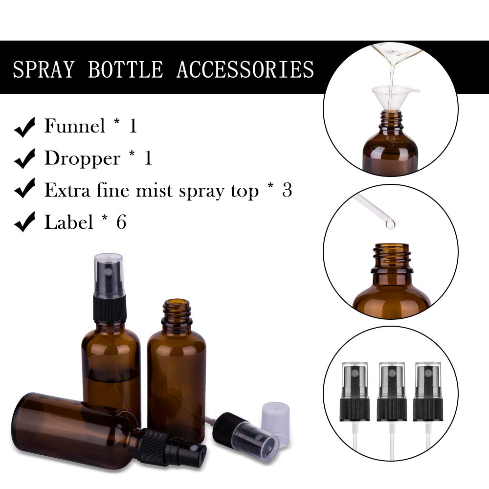2oz Amber Glass Spray Bottles for Essential Oils, Set of 3 | Small, Travel, Mini, Empty, Fine Mist, for Facial, Cosmetic, Perfume, Hair Care, Room, Refillable, Leakproof, UV protection