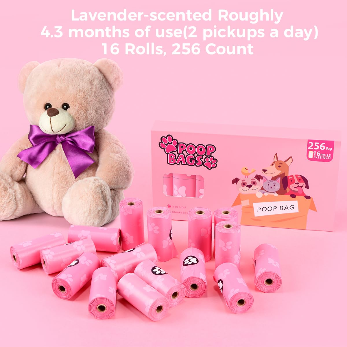 Poop Bags Rolls 256 Count - 9x13 Inches Pink Thickened Leakproof Lavender scent Poo Bags for Dogs, Pet Waste Bags for Walking, Home, Travel