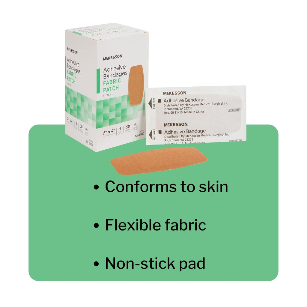 McKesson Adhesive Bandages, Sterile, Fabric, Tan, 2 x 4 in, 50 ct