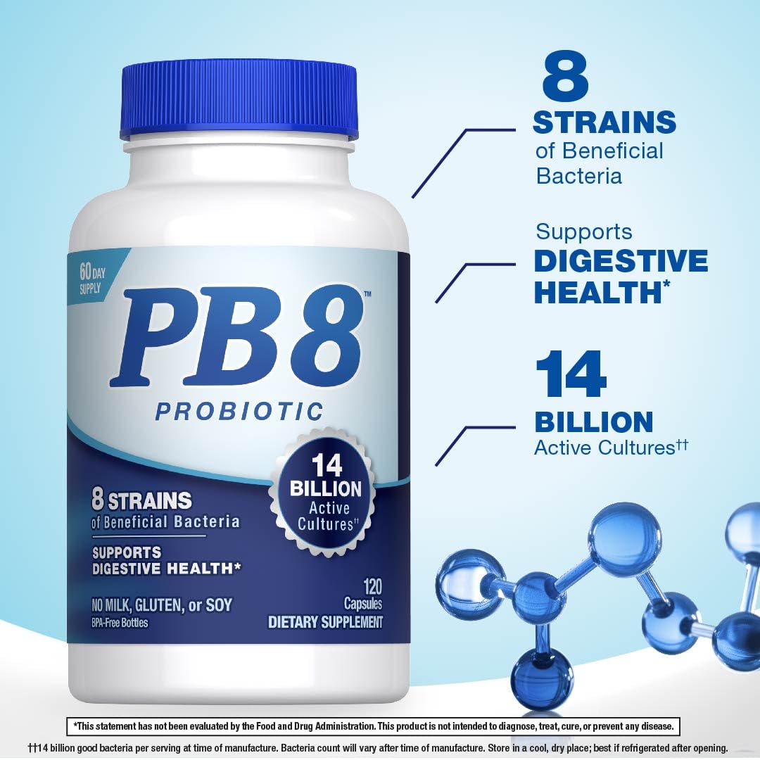 PB8 Probiotic | 14 Billion CFU | 120 Capsules | 8 Strains | for Women and Men | Gluten, Soy, and Milk Free Supplement