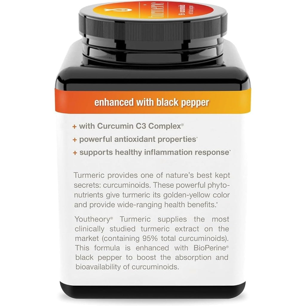 Youtheory Turmeric Extra Strength, 1,000 mg, 180 Capsules, Pack of 2 | Clinically Studied Curcumin C3 Complex, 95% Total Curcuminoids, BioPerine Black Pepper for Absorption, Joint Support*