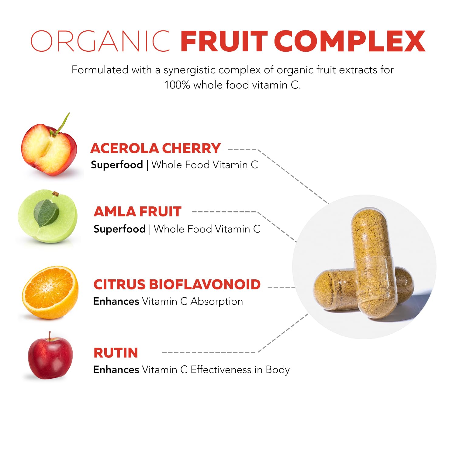 Organic Vitamin C | Whole Food Vitamin C from Fruit Plus Absorption Enhancing Cofactors - Vegan, Enhanced Bioavailability - Immune Support, Antioxidant, Total Health (90 Servings)