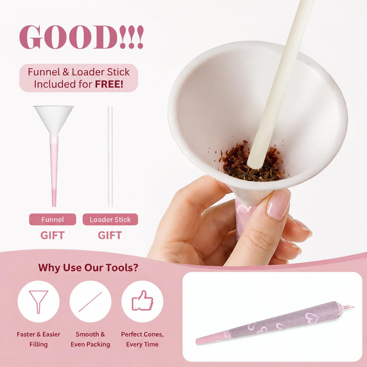 ZAPWRAP 72 PCS Pink Pre Rolled Cones| Ice Cream Flavor | King Size Rolling Paper Cone with Loader and Packing Sticks with Heart Patterns | Valentine's