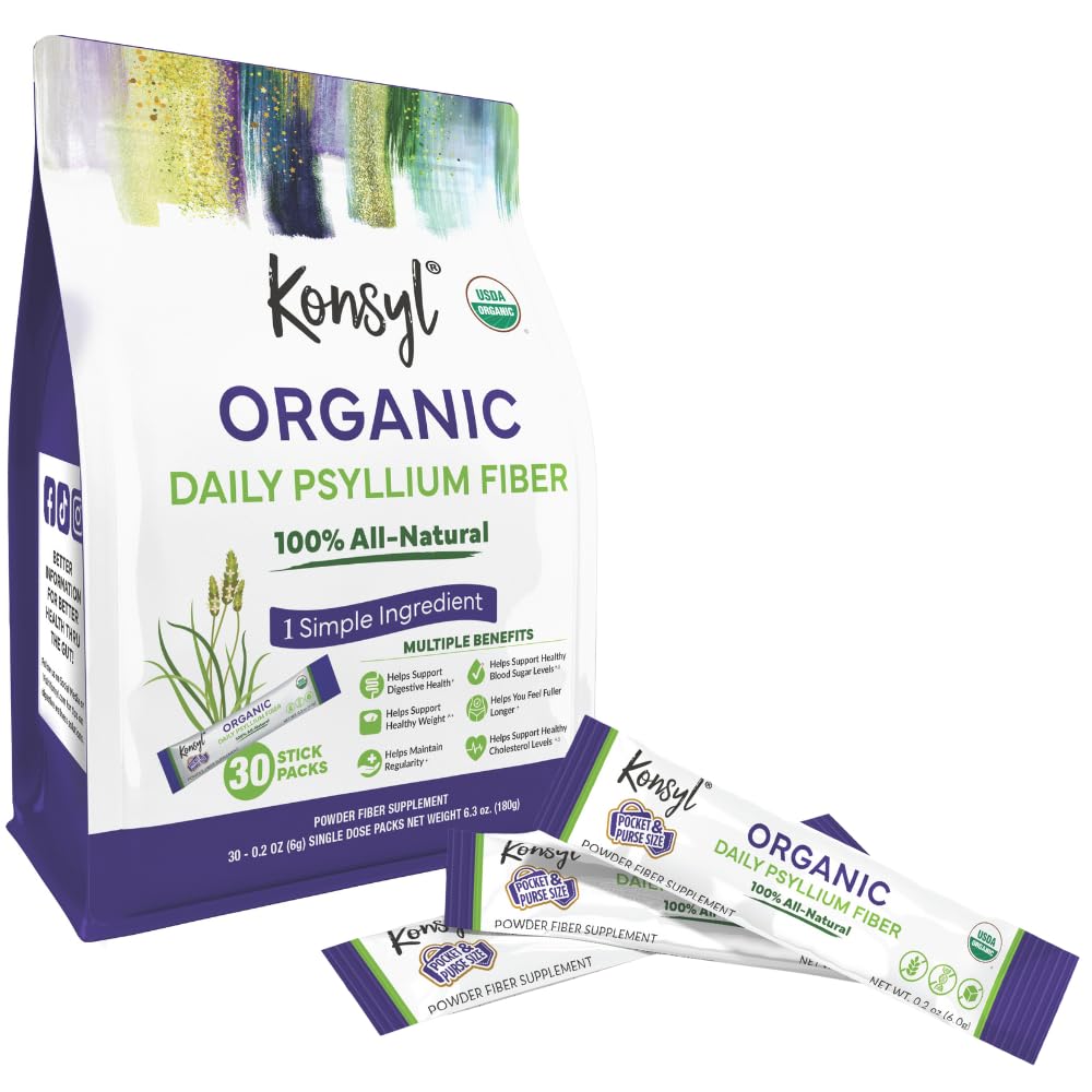 Konsyl USDA Organic Psyllium Husk Powder - 5g Sticks, 30 Pack - Natural Unflavored Soluble Dietary Fiber Supplement - Fiber Prebiotic for Digestive Support and Gut Health - Sugar Free, Keto & Vegan