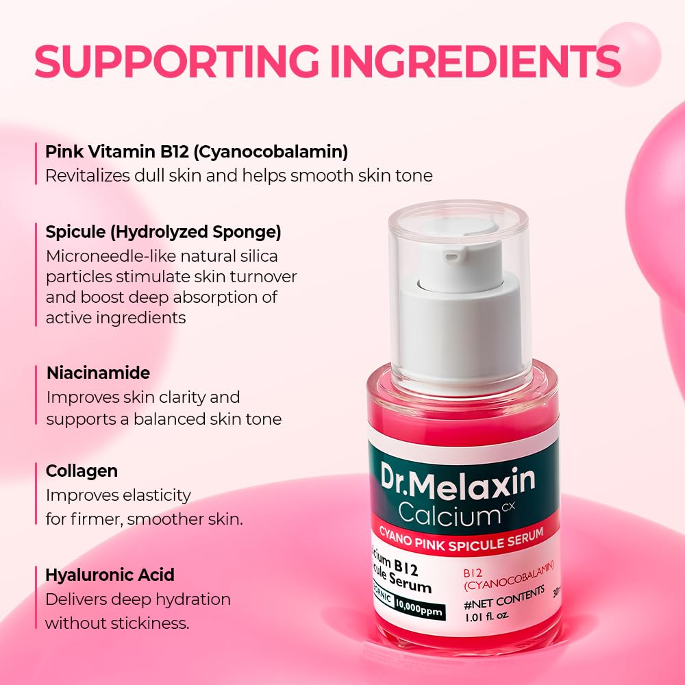Dr.Melaxin Cyano Pink Spicule Serum with Vitamin B12, Liquid Microneedle Facial Treatment for Enlarged Pores, Niacinamide for Texture Refining & Renewal, 1.01 fl.oz
