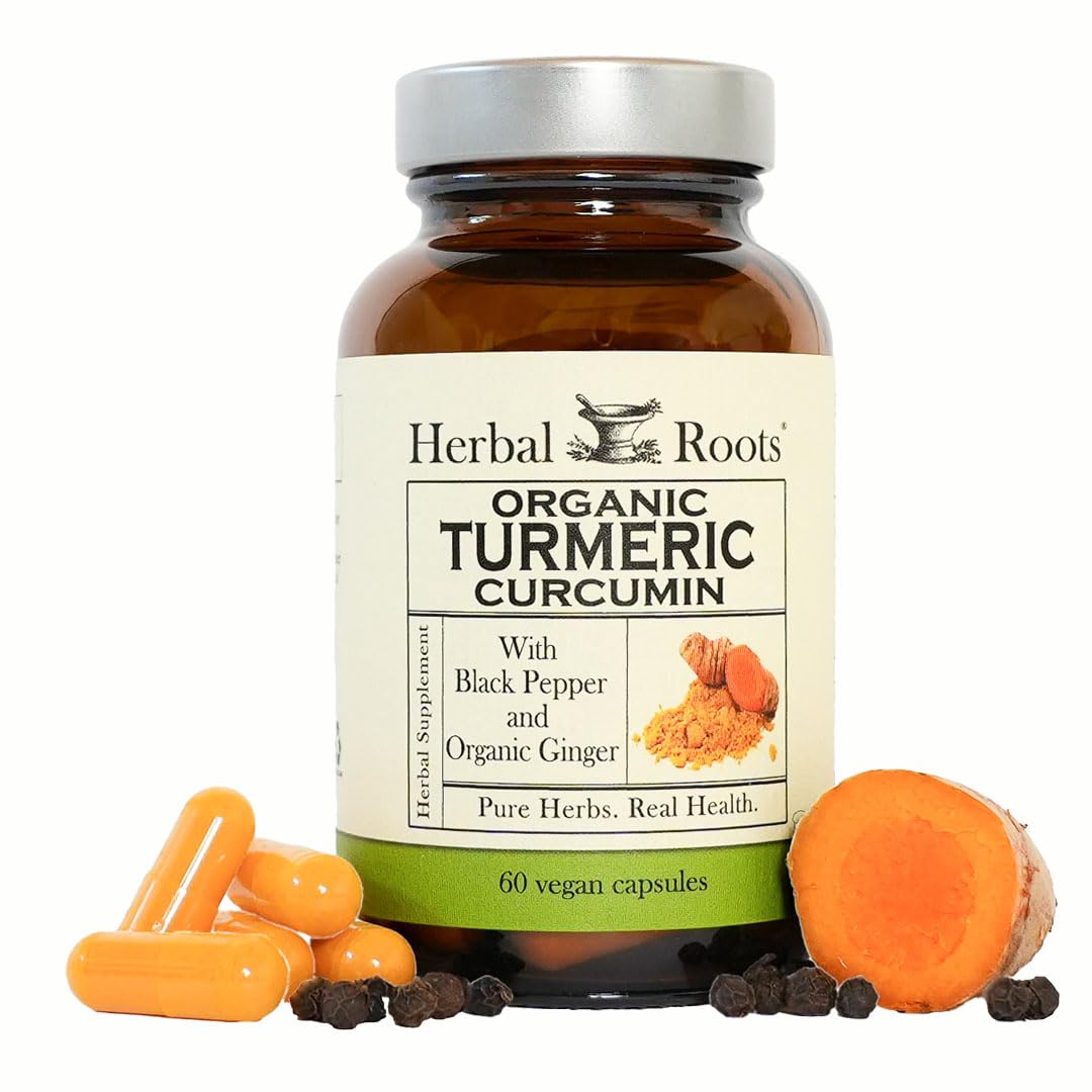 Herbal Roots Organic Turmeric Curcumin Capsules with Ginger and Black Pepper - 95% Standardized Curcumin - USDA Certified Organic - 60 Vegan Capsules