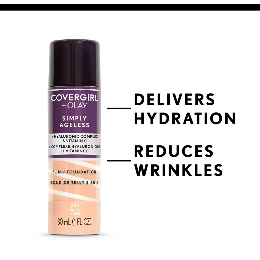 Buy now COVERGIRL & Olay Simply Ageless 3-in-1 Liquid Foundation, Matte Finish, Hyaluronic & Vitamin C Formula, 240 Natural Beige, 1 Count at indiglob india