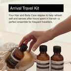 Aesop Arrival Travel Shower Set (4-Piece) Hair & Body Care Kit – Shampoo, Conditioner, Geranium Leaf Body Cleanser & Rind Concentrate Body Balm – 1.7oz/50mL Each – Gift Set with Reusable Canvas Bag