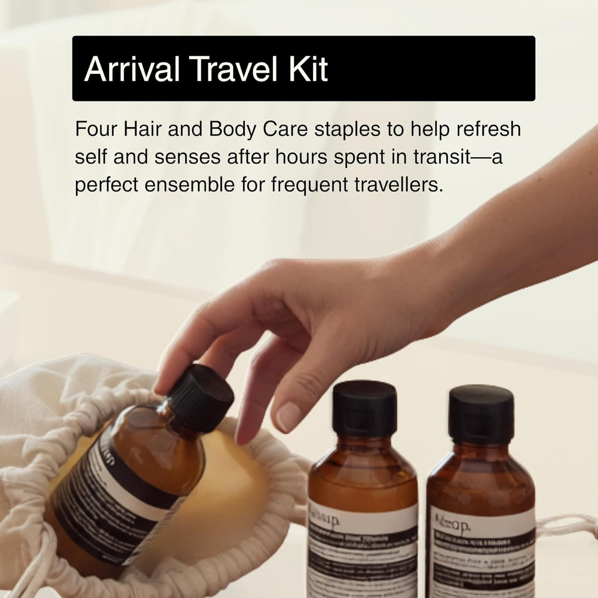 Aesop Arrival Travel Shower Set (4-Piece) Hair & Body Care Kit – Shampoo, Conditioner, Geranium Leaf Body Cleanser & Rind Concentrate Body Balm – 1.7oz/50mL Each – Gift Set with Reusable Canvas Bag