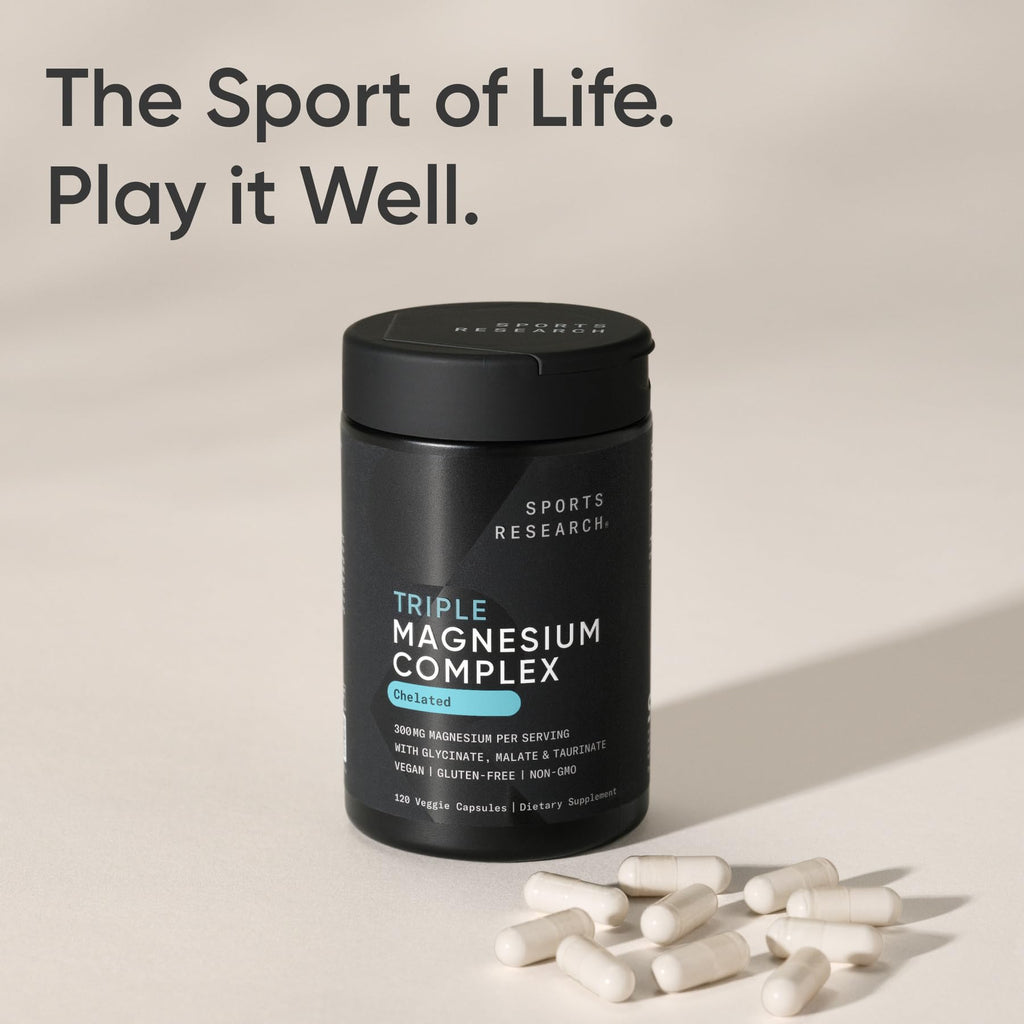 Sports Research® Triple Magnesium Complex 300mg, 120 Veggie Capules | Cheleated Magnesium Glycinate, Taurinate & Malate (Chelamax®) for Enhanced Bioavailability* - Non-GMO, Certified Vegan