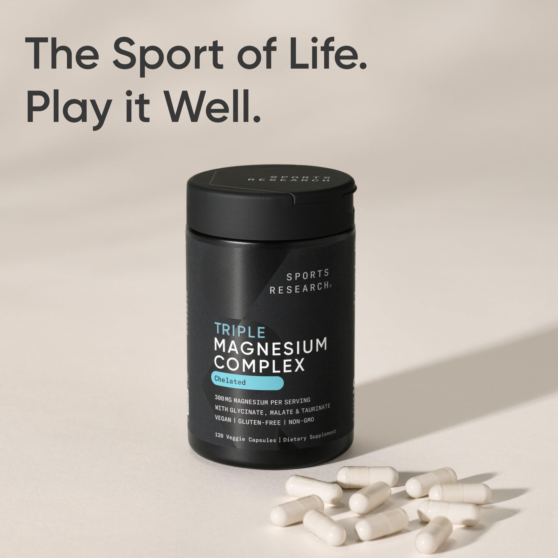 Sports Research® Triple Magnesium Complex 300mg, 120 Veggie Capules | Cheleated Magnesium Glycinate, Taurinate & Malate (Chelamax®) for Enhanced Bioavailability* - Non-GMO, Certified Vegan