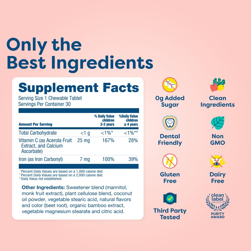 Hiya Iron+ Supplements for Kids, No Added Sugar, 60 Day Supply, Strawberry | Third Party Tested, Chewable High Absorption Iron Supplement Refill, Delicious Strawberry Flavor & Easy on Children's Stomach