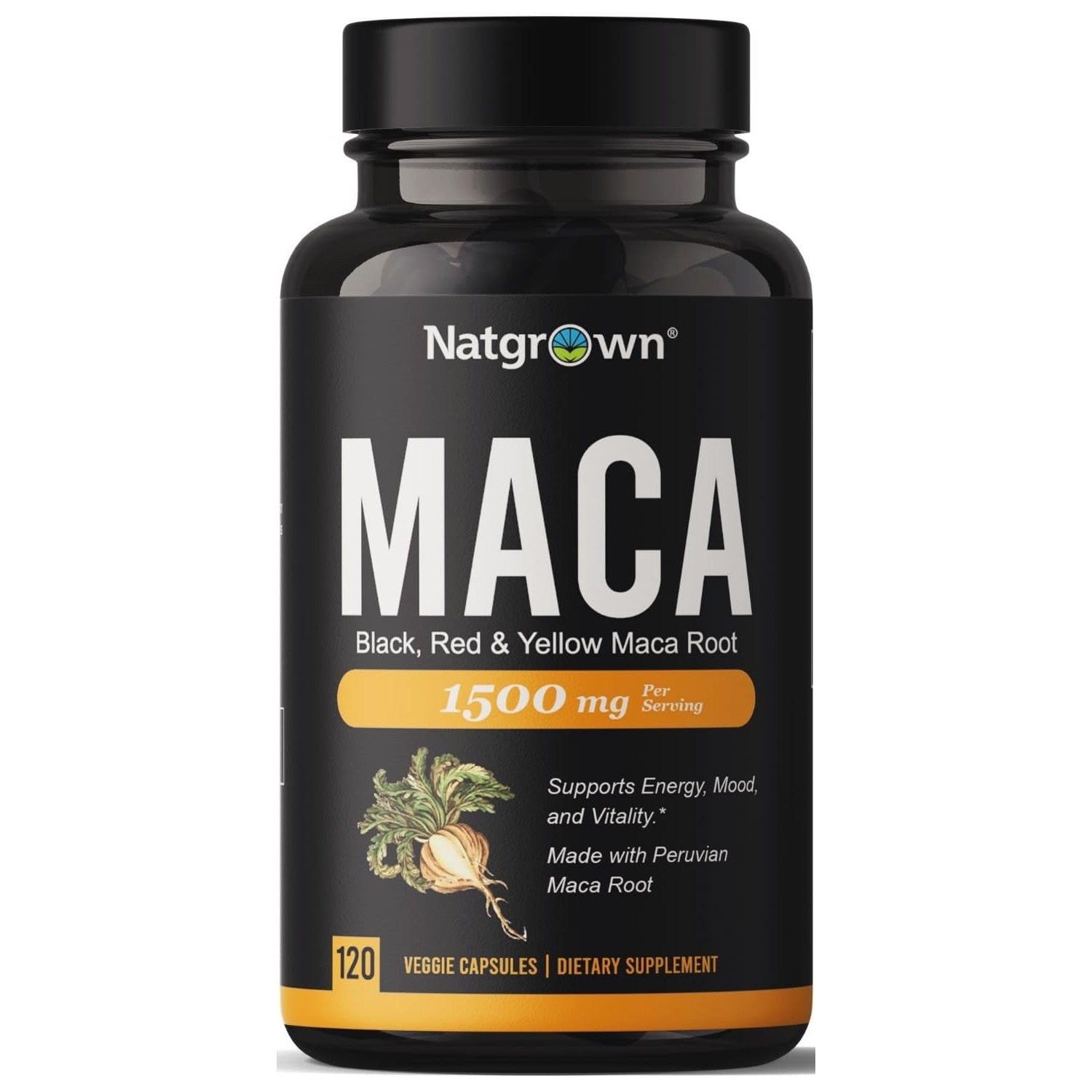 Natgrown Organic Maca Root Powder Capsules - Black, Red & Yellow - 120 ct | 1500 mg per Serving, Gelatinized Peruvian Maca Supplement for Men & Women - Non-GMO, Gluten-Free, Vegan