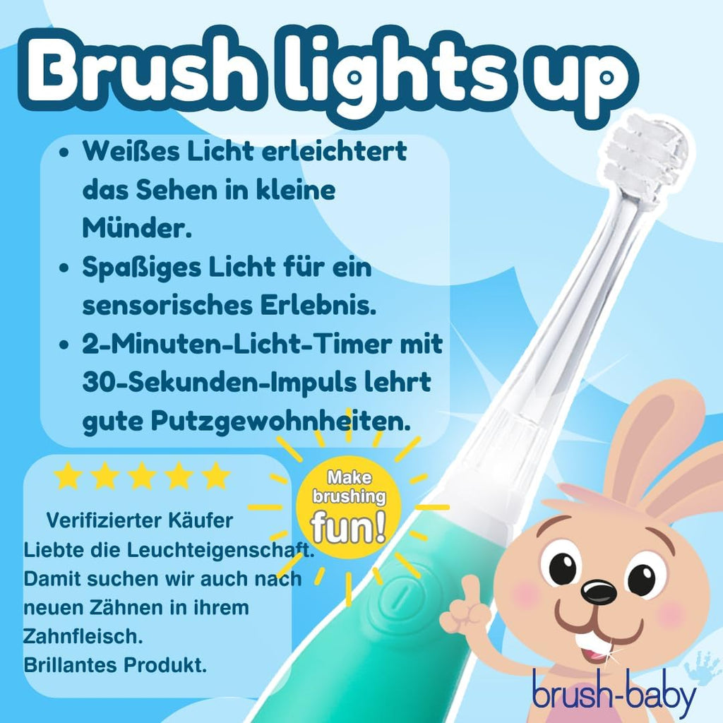 Buy now brush-baby BabySonic Infant and Toddler Electric Toothbrush for Ages 0-3 Years - Smart LED Timer and Gentle Vibration Provide a Fun Brushing Experience - Includes 2 Sensitive Brush Heads (Teal) at indiglob india